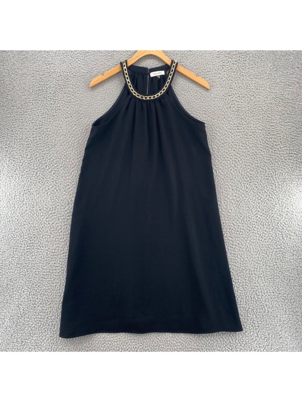 Calvin Klein Dress Womens 4 Black Shift Halter Gold Necklace Chain Sleeveless